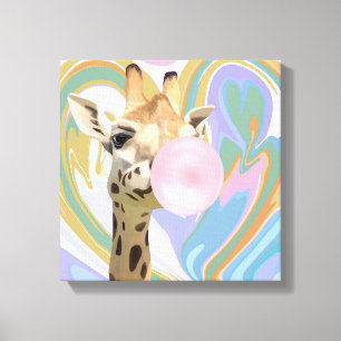 Fun Bubblegum Blowing Giraffe Liquid Swirl Blue Canvas Print