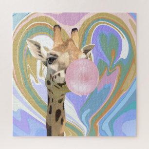 Fun Bubblegum Blowing Giraffe Liquid Swirl Blue Jigsaw Puzzle