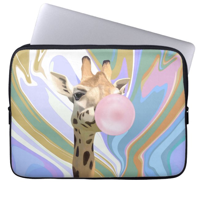 Fun Bubblegum Blowing Giraffe Liquid Swirl Blue Laptop Sleeve (Front)