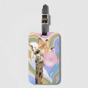 Fun Bubblegum Blowing Giraffe Liquid Swirl Blue Luggage Tag