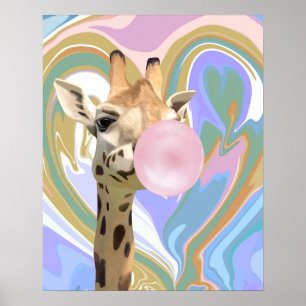 Fun Bubblegum Blowing Giraffe Liquid Swirl Blue Poster
