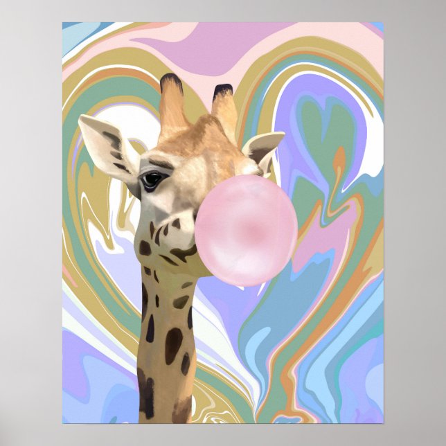 Fun Bubblegum Blowing Giraffe Liquid Swirl Blue Poster (Front)