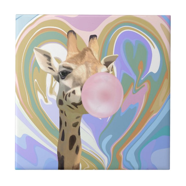 Fun Bubblegum Blowing Giraffe Liquid Swirl Blue Tile (Front)