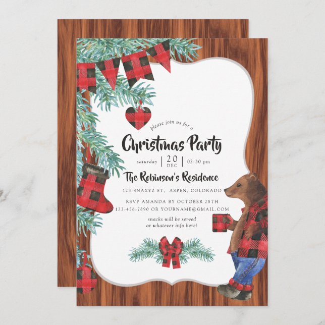 Fun Buffalo Plaid Lumberjack Bear Christmas Party Invitation (Front/Back)