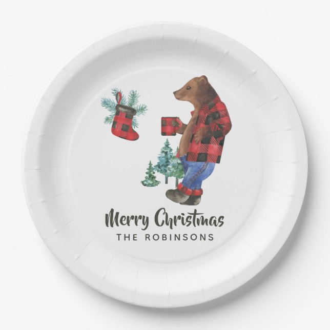 Fun Buffalo Plaid Lumberjack Bear Christmas Party Paper Plate (Front)