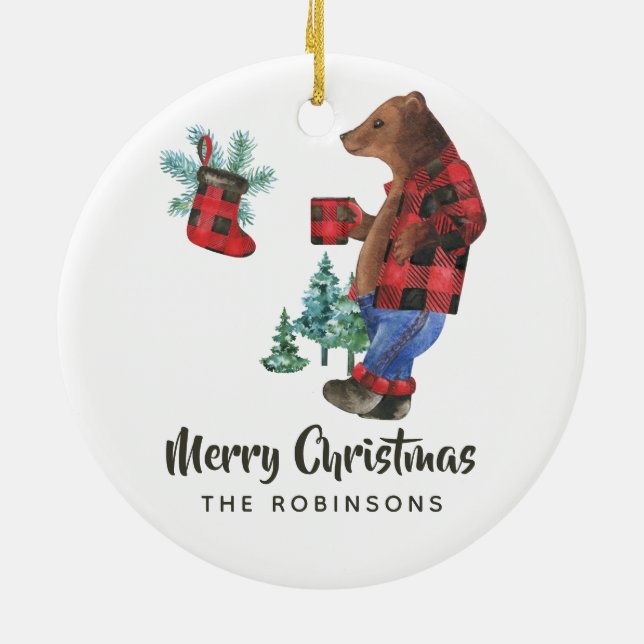 Fun Buffalo Plaid Lumberjack Bear Christmas Photo Ceramic Tree Decoration (Back)