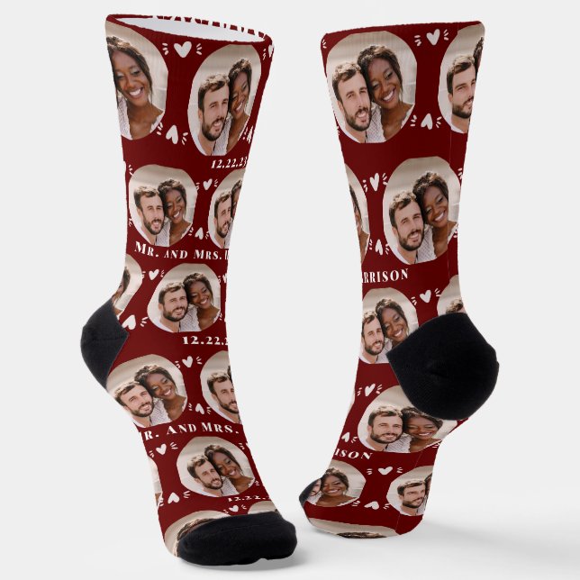 Fun Burgundy Newlyweds Photo Pattern Socks (Angled)
