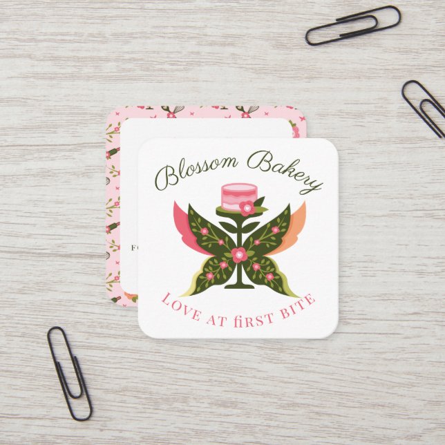 Fun Butterfly Blossom Floral Garden Bakery Cake Square Business Card (Front/Back In Situ)