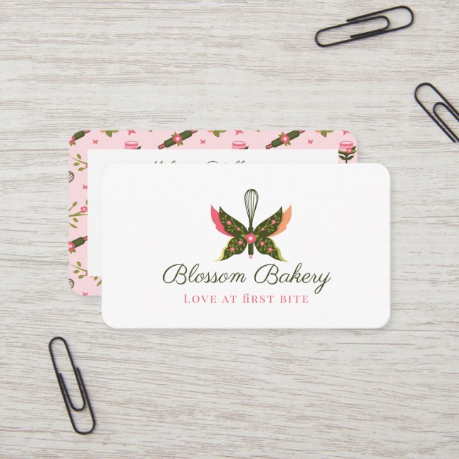 Fun Butterfly Blossom Floral Garden Bakery Whisk Business Card (Front/Back In Situ)