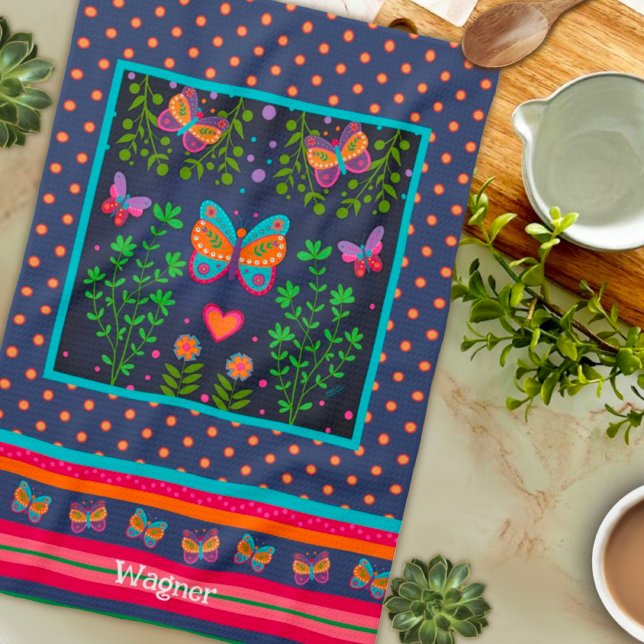 Fun Butterfly Chic Floral Stylish Custom Name Tea Towel (Creator Uploaded)