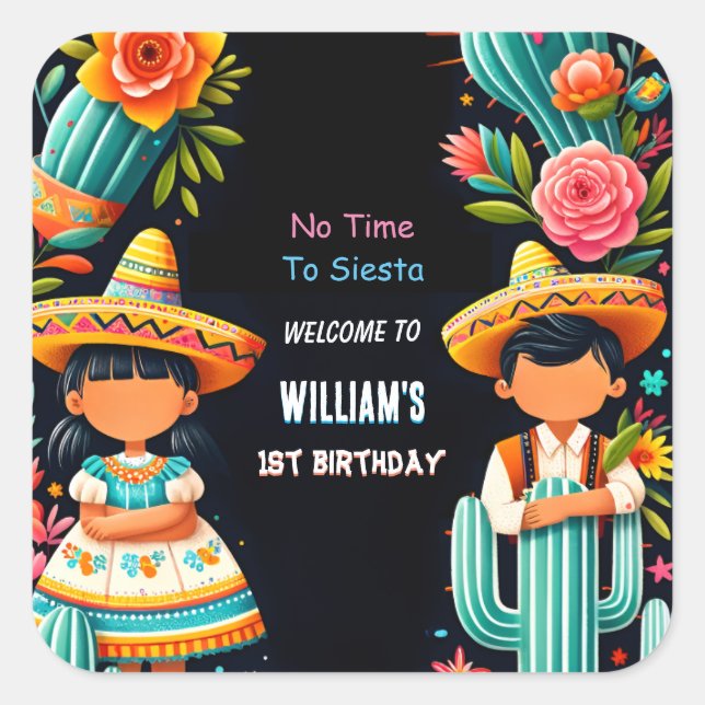 fun cactus cute uno taco first fiesta 1st Birthday Square Sticker (Front)