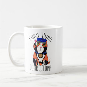 Fun Calico Cat Train Conductor Motto Cartoon Coffee Mug