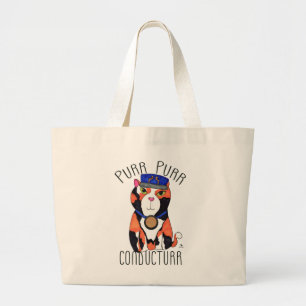 Fun Calico Cat Train Conductor Purr Slogan Large Tote Bag