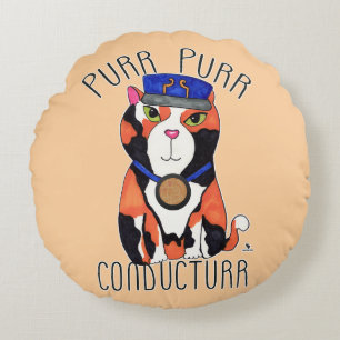Fun Calico Cat Train Conductor Purr Slogan Round Cushion