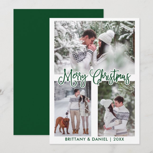 Fun Calligraphy 3 Photo Couple Christmas Green Holiday Card (Front/Back)