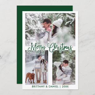 Fun Calligraphy 3 Photo Couple Christmas Green Holiday Card