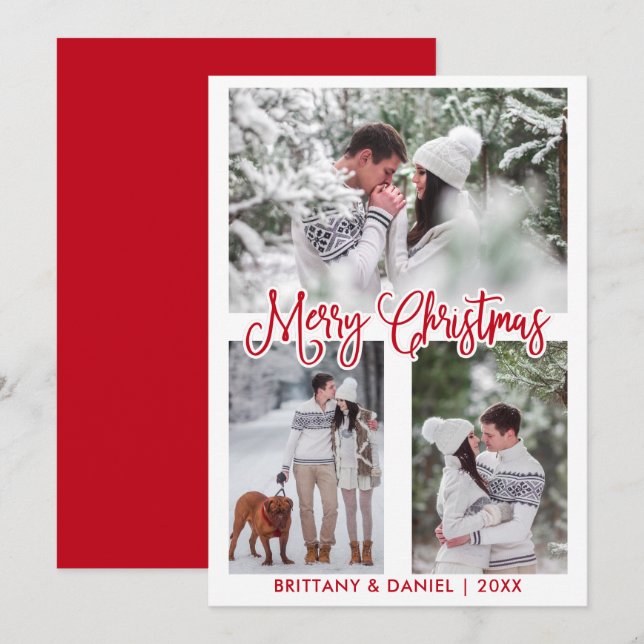 Fun Calligraphy 3 Photo Couple Christmas Red Holid Holiday Card (Front/Back)