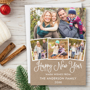 Fun Calligraphy 4 Photo Kraft Happy New Year Holiday Card