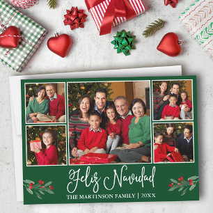 Fun Calligraphy 5 Photo Green Feliz Navidad Holiday Card