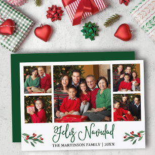 Fun Calligraphy 5 Photo Green Feliz Navidad Holiday Card