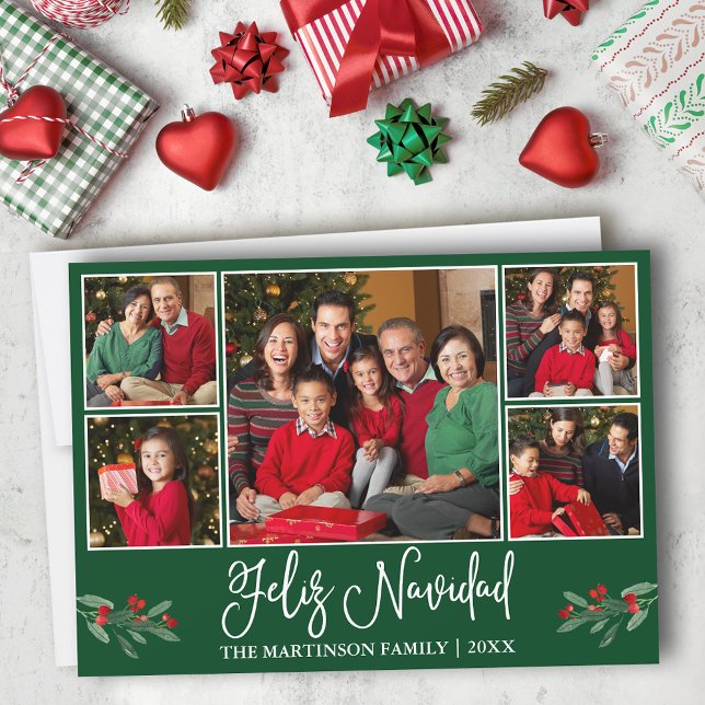 Fun Calligraphy 5 Photo Green Feliz Navidad Holiday Card (Customize to add text to back of card.)