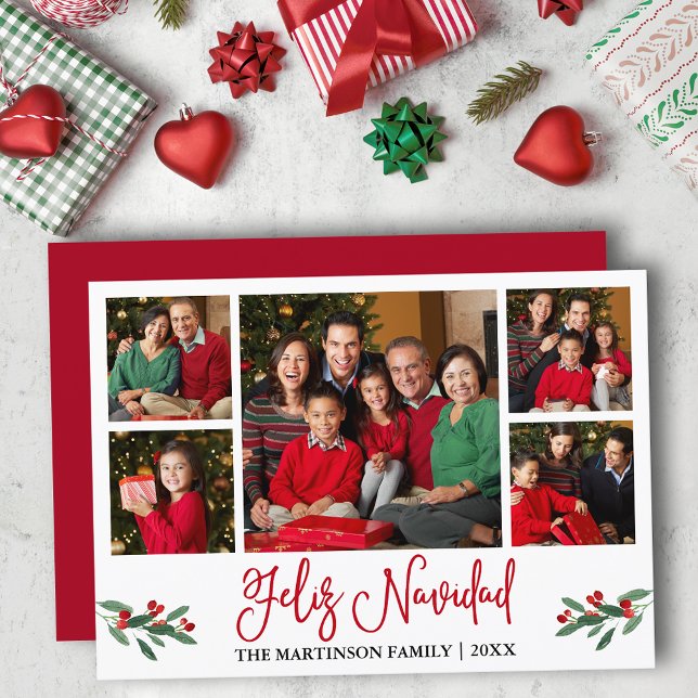 Fun Calligraphy 5 Photo Red Feliz Navidad Holiday Card (Customize to add text to back of card.)