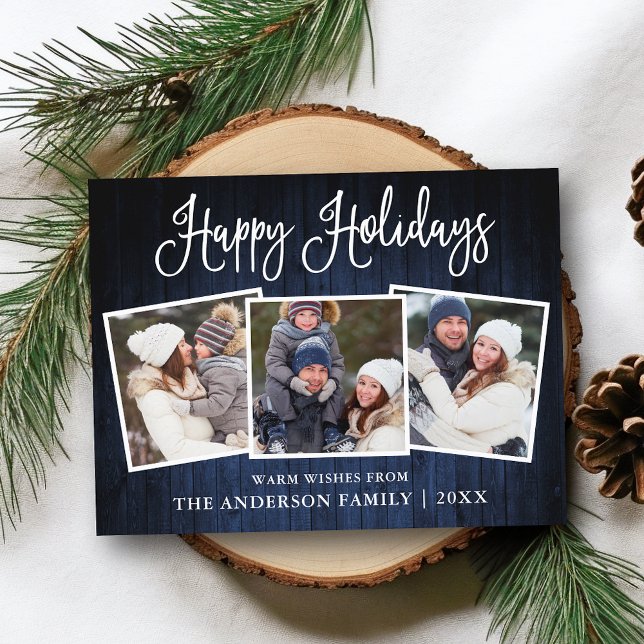 Fun Calligraphy Blue Wood 3 Photo Holiday Postcard (Customize to change your personalized text size or text style.)