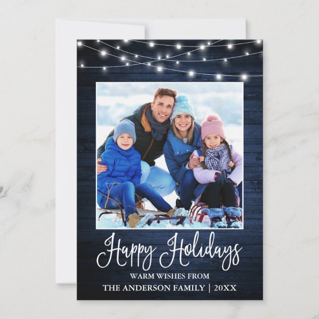 Fun Calligraphy Blue Wood Lights Photo Holiday Card (Front)