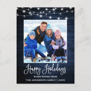Fun Calligraphy Blue Wood Lights Photo Holiday Postcard