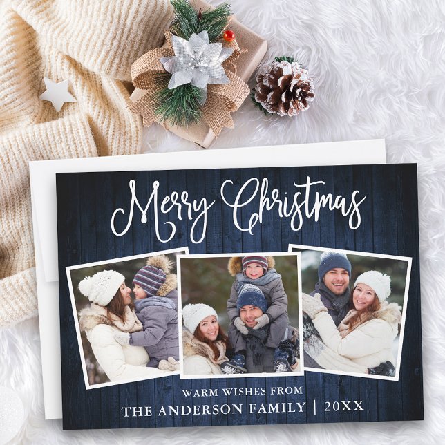 Fun Calligraphy Christmas Blue Wood 3 Photo Holiday Card (Customize to add text to back of card.)