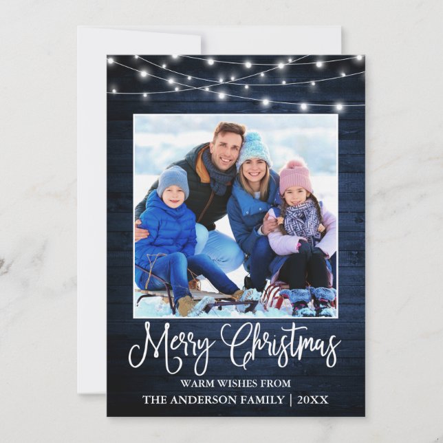 Fun Calligraphy Christmas Blue Wood Lights Photo Holiday Card (Front)
