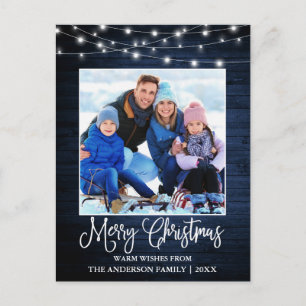 Fun Calligraphy Christmas Blue Wood Lights Postcard