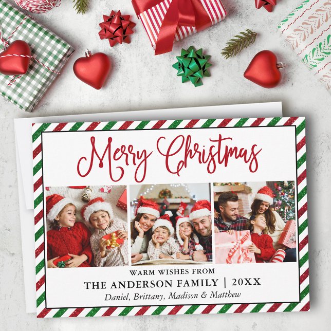 Fun Calligraphy Christmas Glitter Stripes 3 Photo Holiday Card (Customize to change your personalized text size or text style.)