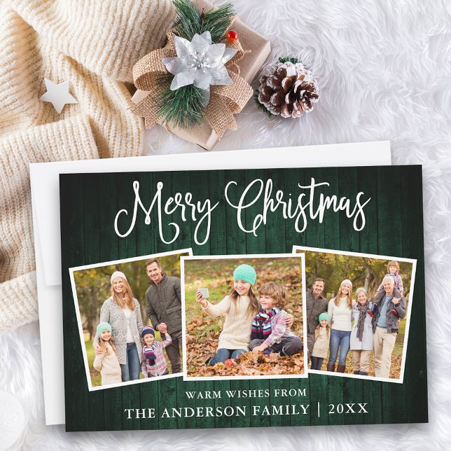 Fun Calligraphy Christmas Green Wood 3 Photo Holiday Card (Customize to add text to back of card.)