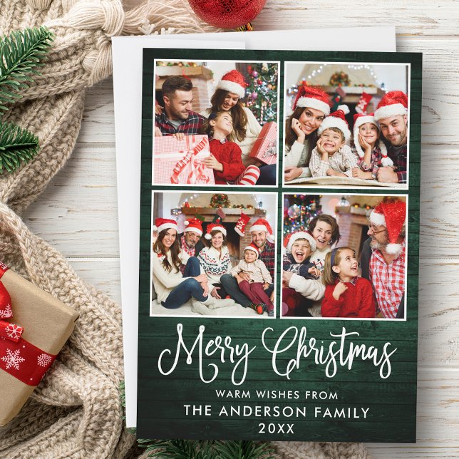 Fun Calligraphy Christmas Green Wood 4 Photos Holiday Card (Customize to add text to back of card.)