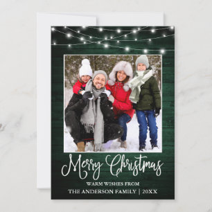 Fun Calligraphy Christmas Green Wood Lights Photo Holiday Card