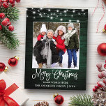 Fun Calligraphy Christmas Green Wood Lights Postcard<br><div class="desc">Modern Fun Calligraphy Script Merry Christmas Family Photo Holiday Postcard - Rustic Country Green Wood with String Lights</div>