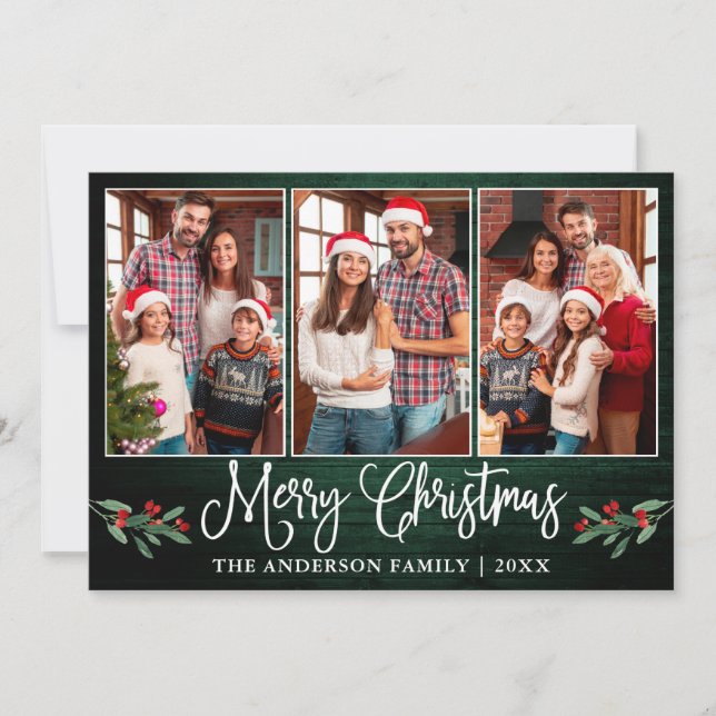 Fun Calligraphy Christmas Holly Green Wood Photo Holiday Card (Front)