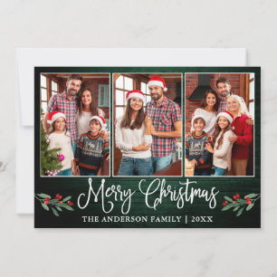 Fun Calligraphy Christmas Holly Green Wood Photo Holiday Card