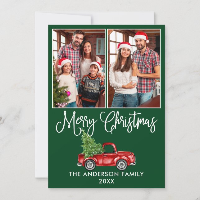 Fun Calligraphy Christmas Red Truck 2 Photo Green Holiday Card (Front)