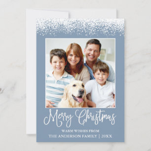 Fun Calligraphy Christmas Snow Topped Photo Blue Holiday Card