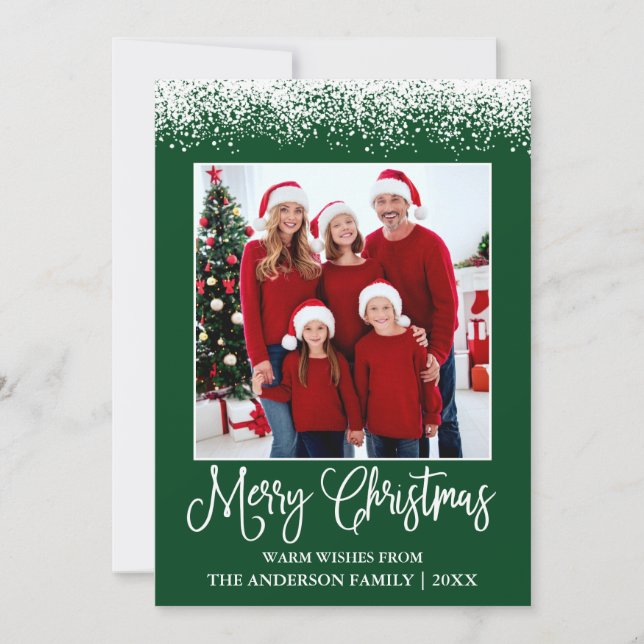 Fun Calligraphy Christmas Snow Topped Photo Green Holiday Card (Front)
