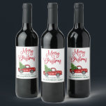 Fun Calligraphy Christmas Vintage Red Truck  Wine Label<br><div class="desc">Modern Fun Calligraphy Script Merry Christmas Watercolor Vintage Red Truck with Christmas Tree Wine Bottle Label - Red & Green</div>