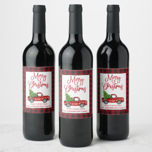 Fun Calligraphy Christmas Vintage Truck Plaid Wine Label