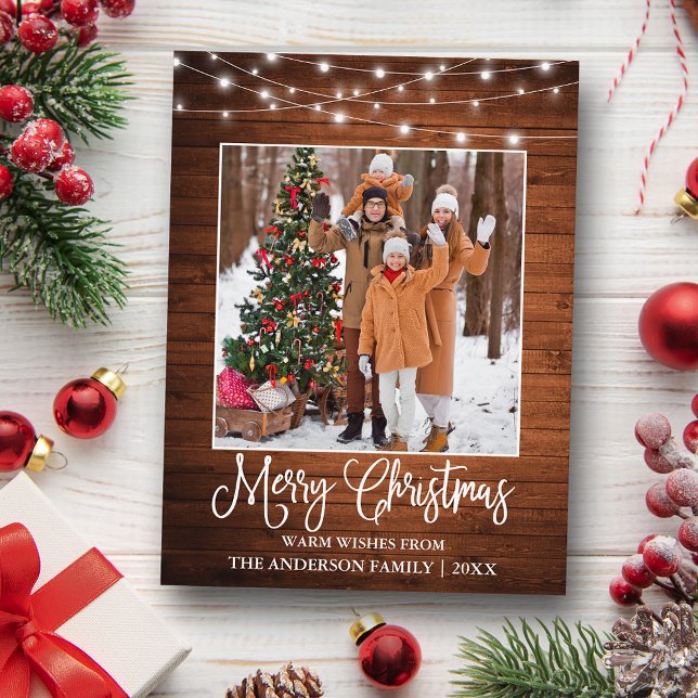 Fun Calligraphy Christmas Wood Lights Photo Postcard (Customize to change your personalized text size or text style.)
