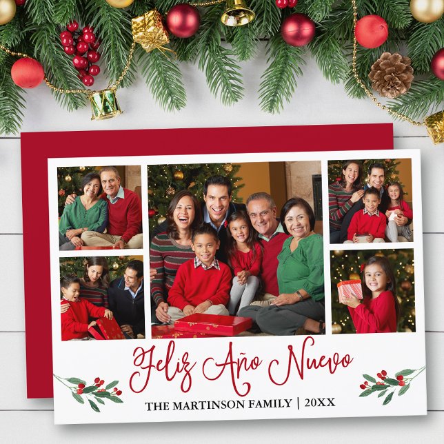Fun Calligraphy Feliz Ano Nuevo 5 Photo Red Holiday Card (Customize to add text to back of card.)