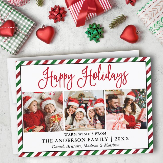 Fun Calligraphy Glitter Stripes 3 Photo Holiday Card (Customize to change your personalized text size or text style.)
