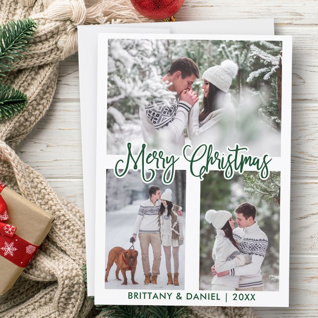 Fun Calligraphy Green 3 Photo Couple Christmas Holiday Card (Customize to add text to back of card.)