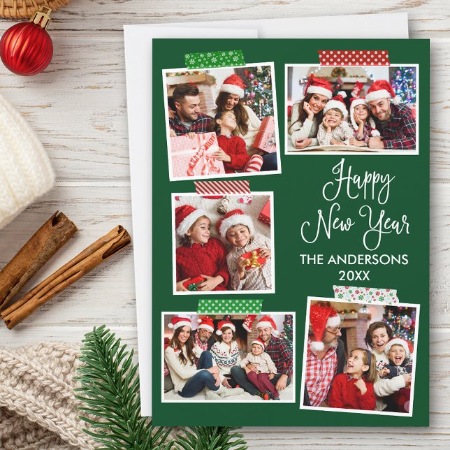 Fun Calligraphy Happy New Year Craft Tape Green Holiday Card (Customize to add text to back of card.)