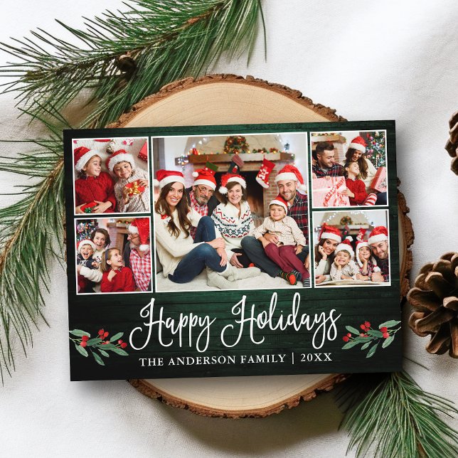 Fun Calligraphy Holiday Green Wood Holly 5 Photo Postcard (Customize to change your personalized text size or text style.)